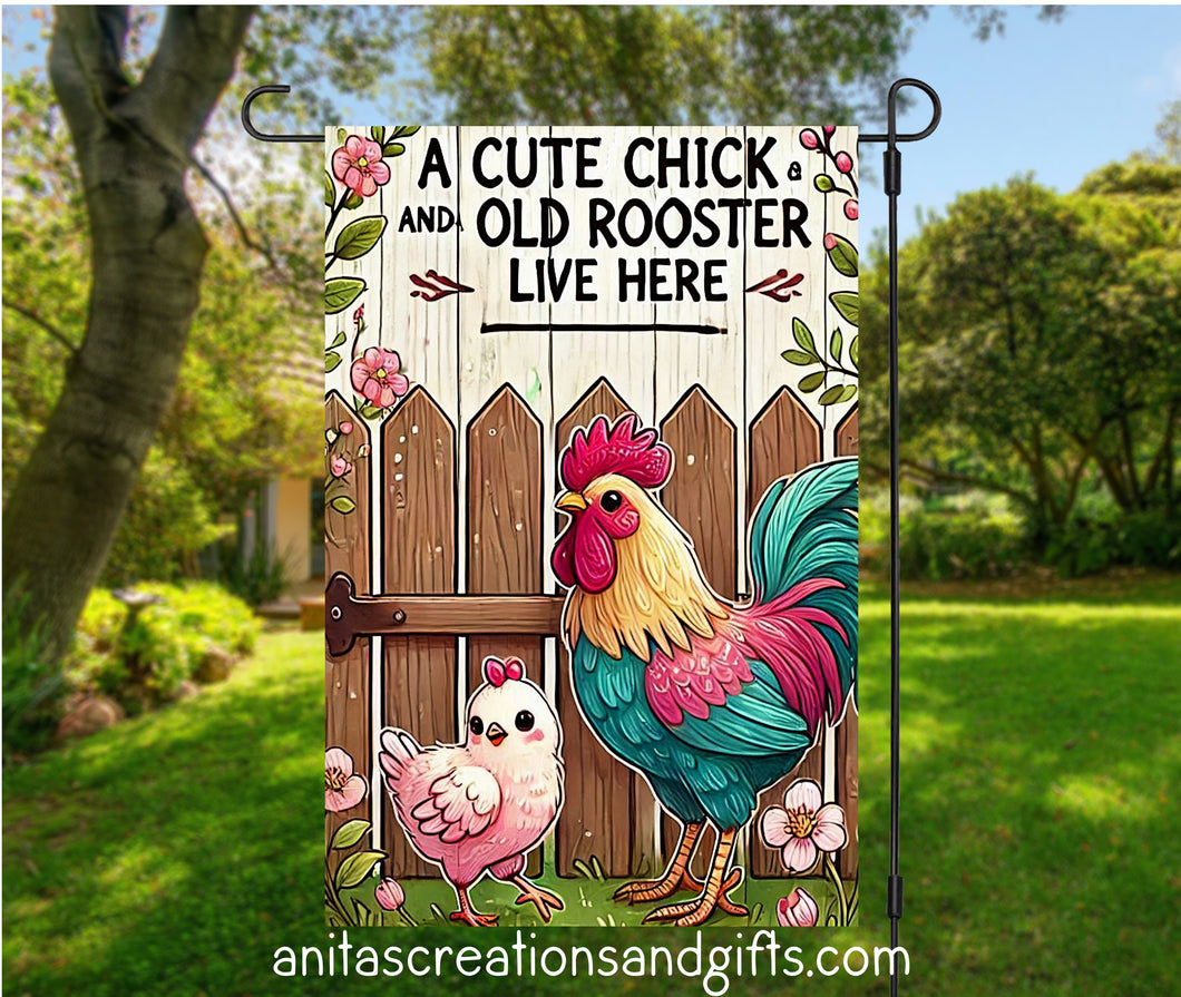 A cute chick and and old rooster garden flag