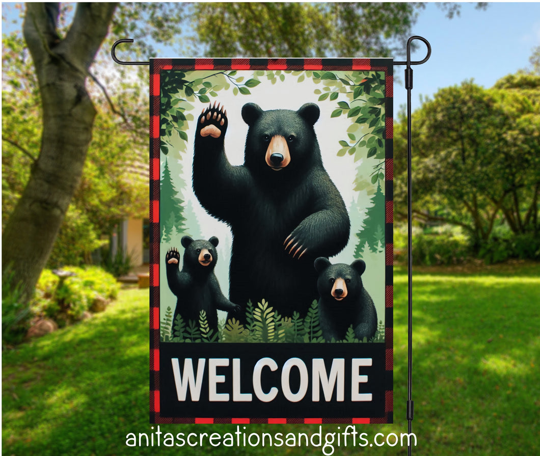 Black Bear Garden Flag Welcome