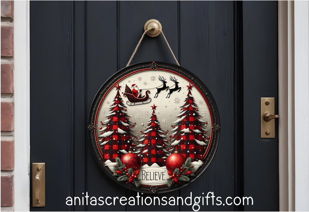 Christmas Buffalo Plaid Style Door Round