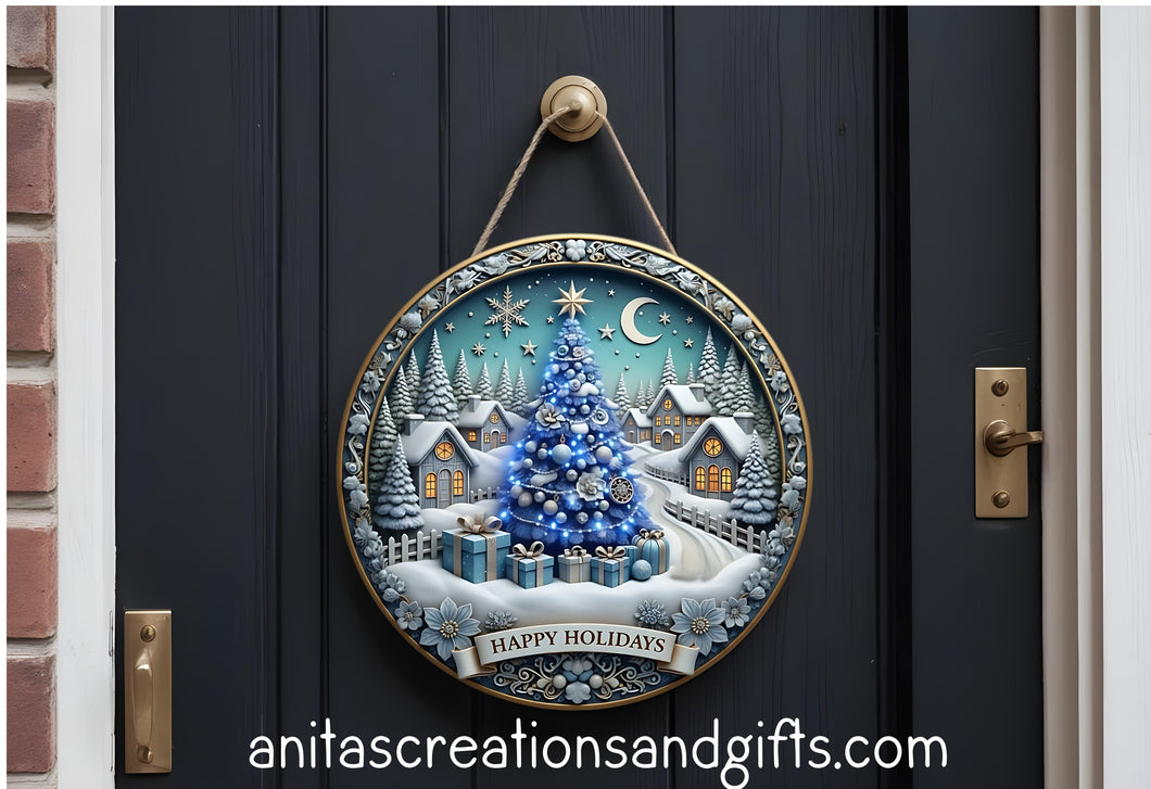 Blue Christmas Door Round