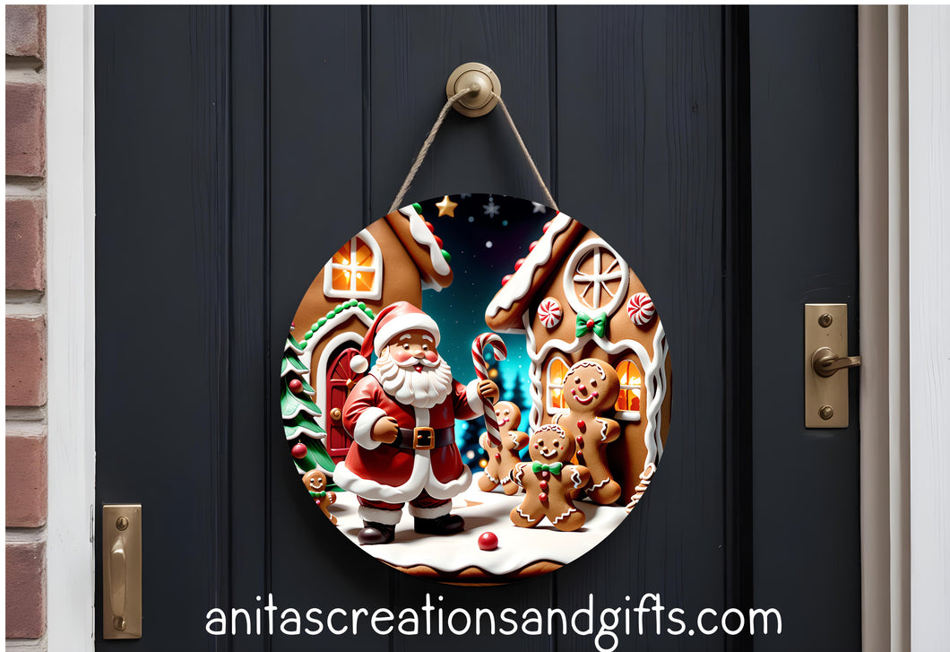 Santa in Gingerbread town door round