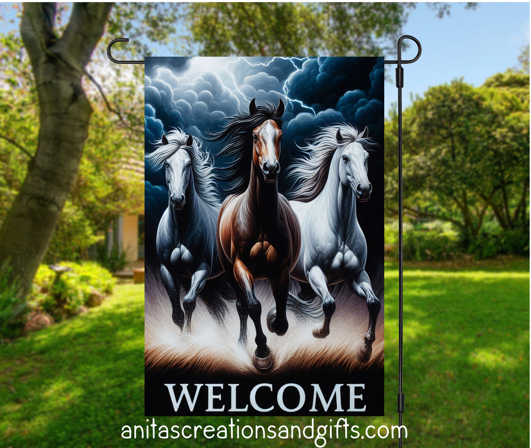Welcome with horses garden flag