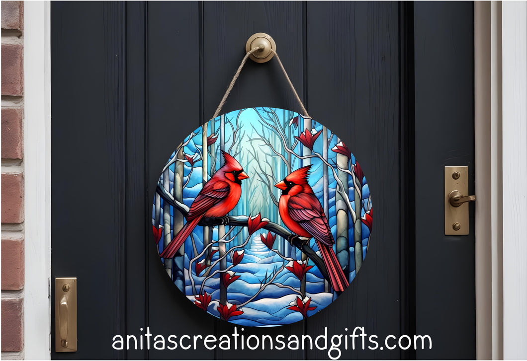 Winter Cardinals Door Round