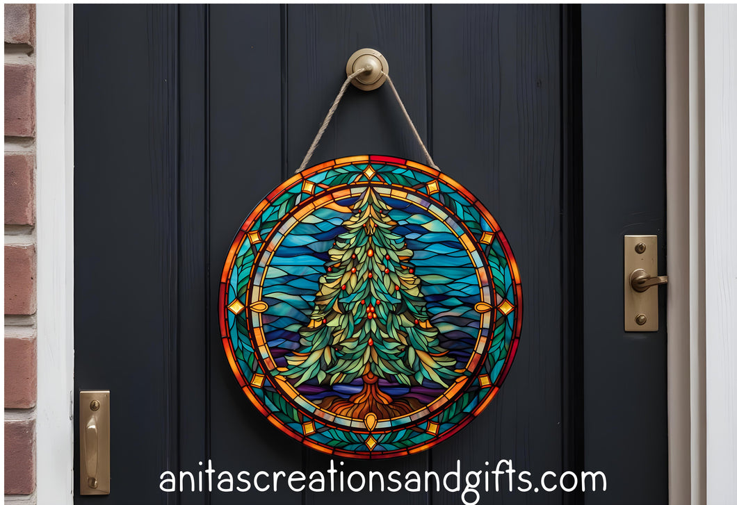 Christmas tree in stain glass look door round