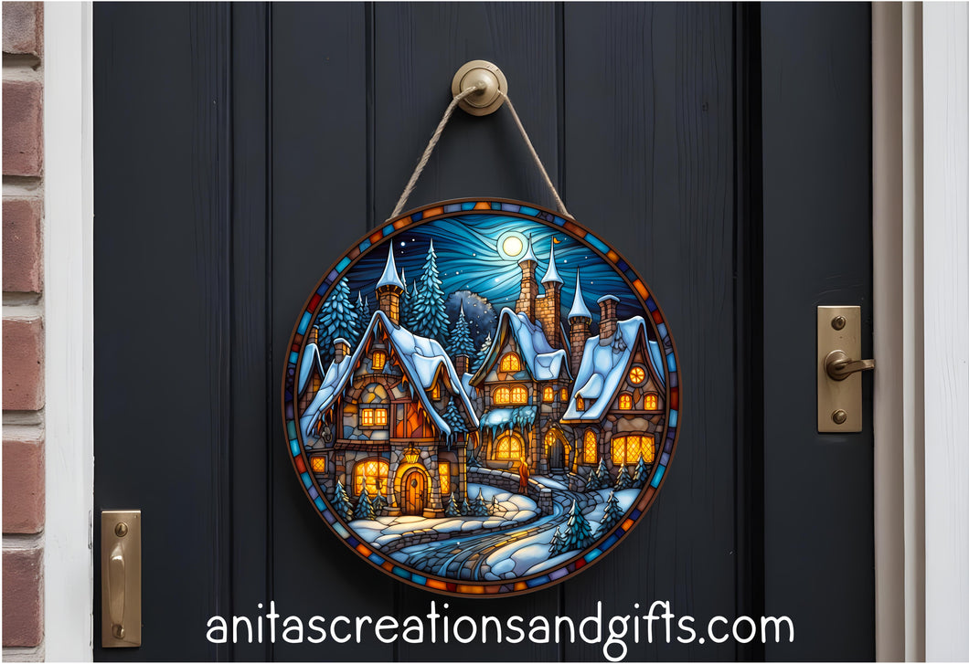 Stain Glass look Winter Scene Door Round
