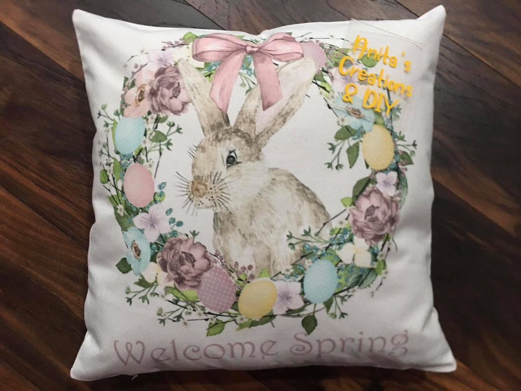 Pillow Cover - Welcome Spring Bunny/Wreath